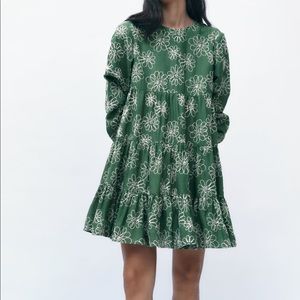 Zara Green Floral Tiered Long-Sleeve Dress